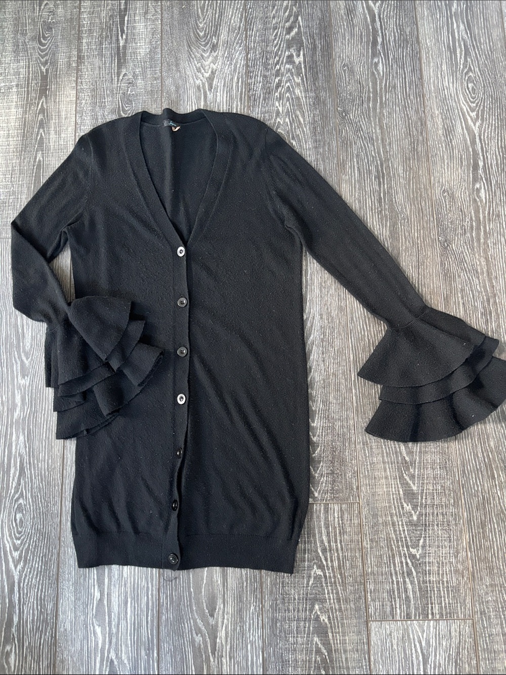 Soprano Black Long Button Front Cardigan with Layered Ruffle Sleeves Size small